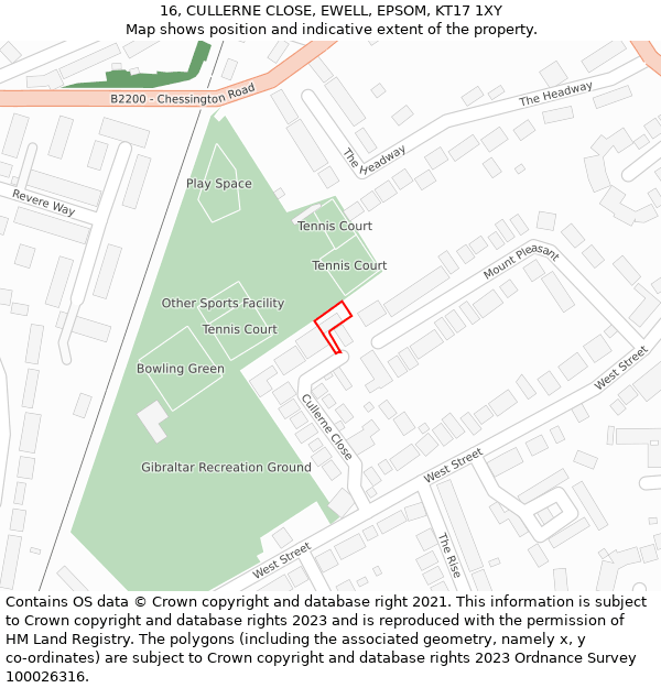 16, CULLERNE CLOSE, EWELL, EPSOM, KT17 1XY: Location map and indicative extent of plot