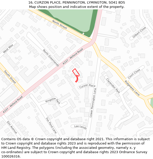 16, CURZON PLACE, PENNINGTON, LYMINGTON, SO41 8DS: Location map and indicative extent of plot