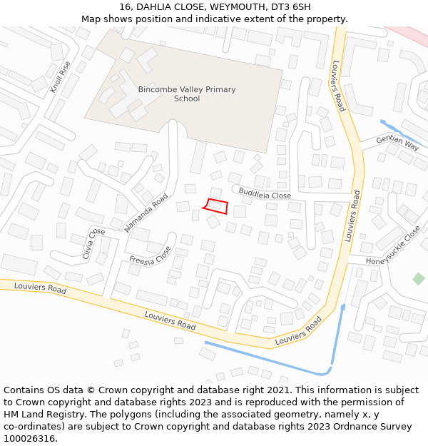 16, DAHLIA CLOSE, WEYMOUTH, DT3 6SH: Location map and indicative extent of plot