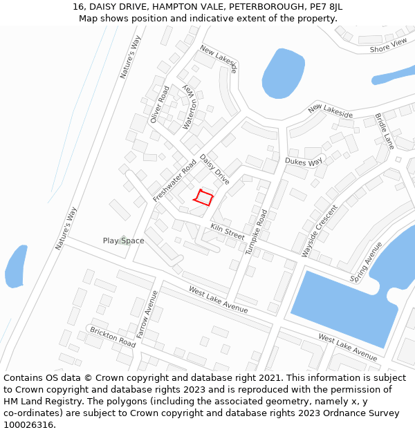 16, DAISY DRIVE, HAMPTON VALE, PETERBOROUGH, PE7 8JL: Location map and indicative extent of plot