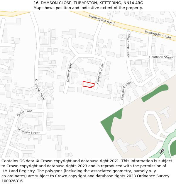 16, DAMSON CLOSE, THRAPSTON, KETTERING, NN14 4RG: Location map and indicative extent of plot