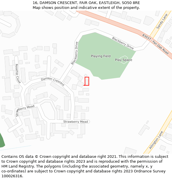 16, DAMSON CRESCENT, FAIR OAK, EASTLEIGH, SO50 8RE: Location map and indicative extent of plot