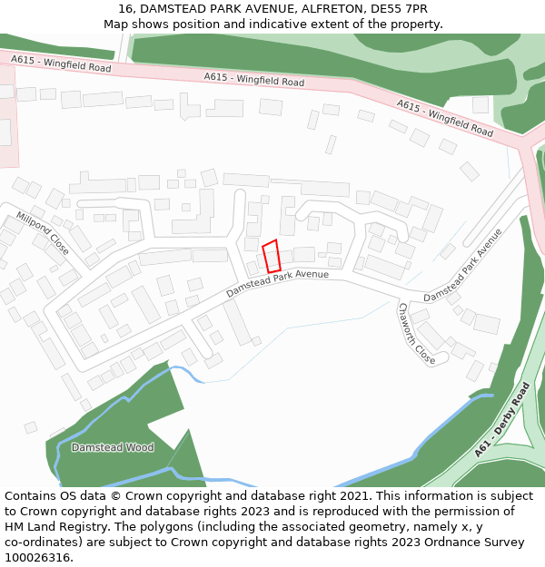 16, DAMSTEAD PARK AVENUE, ALFRETON, DE55 7PR: Location map and indicative extent of plot