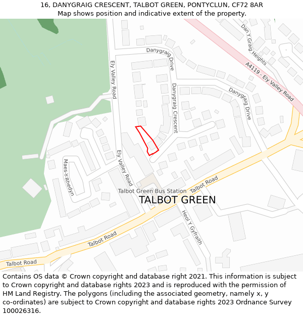 16, DANYGRAIG CRESCENT, TALBOT GREEN, PONTYCLUN, CF72 8AR: Location map and indicative extent of plot