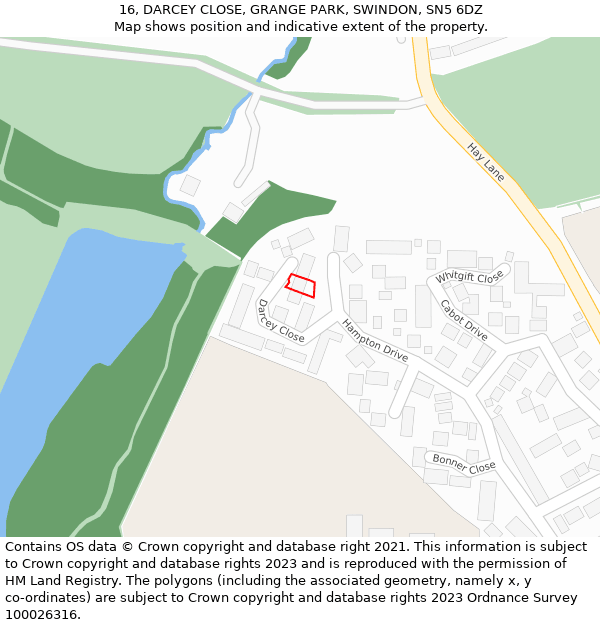 16, DARCEY CLOSE, GRANGE PARK, SWINDON, SN5 6DZ: Location map and indicative extent of plot