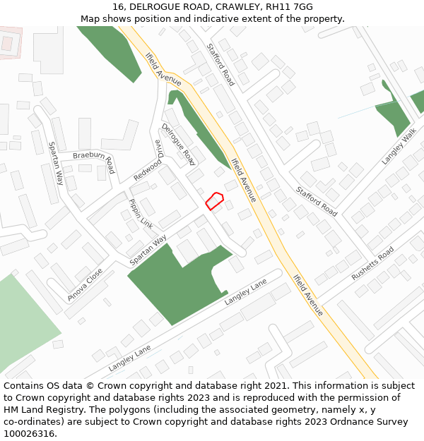 16, DELROGUE ROAD, CRAWLEY, RH11 7GG: Location map and indicative extent of plot