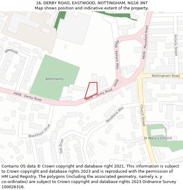 16, DERBY ROAD, EASTWOOD, NOTTINGHAM, NG16 3NT: Location map and indicative extent of plot