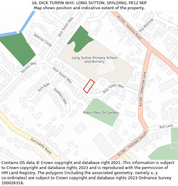 16, DICK TURPIN WAY, LONG SUTTON, SPALDING, PE12 9EP: Location map and indicative extent of plot