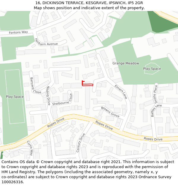 16, DICKINSON TERRACE, KESGRAVE, IPSWICH, IP5 2GR: Location map and indicative extent of plot