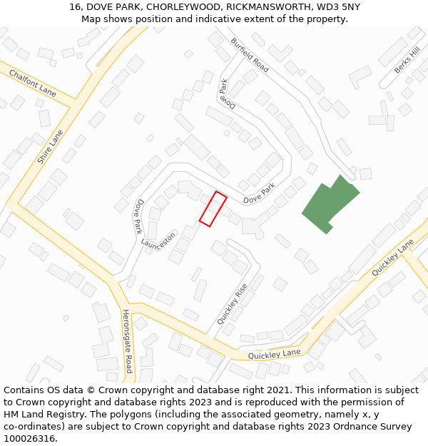 16, DOVE PARK, CHORLEYWOOD, RICKMANSWORTH, WD3 5NY: Location map and indicative extent of plot