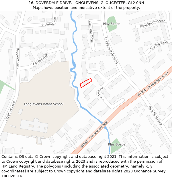 16, DOVERDALE DRIVE, LONGLEVENS, GLOUCESTER, GL2 0NN: Location map and indicative extent of plot