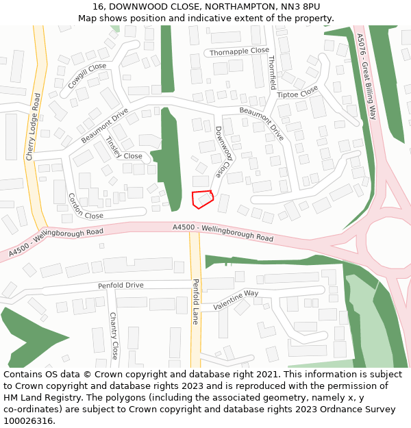 16, DOWNWOOD CLOSE, NORTHAMPTON, NN3 8PU: Location map and indicative extent of plot