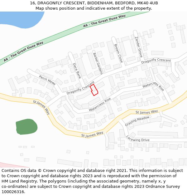 16, DRAGONFLY CRESCENT, BIDDENHAM, BEDFORD, MK40 4UB: Location map and indicative extent of plot