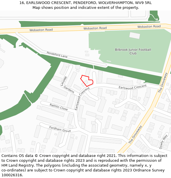 16, EARLSWOOD CRESCENT, PENDEFORD, WOLVERHAMPTON, WV9 5RL: Location map and indicative extent of plot