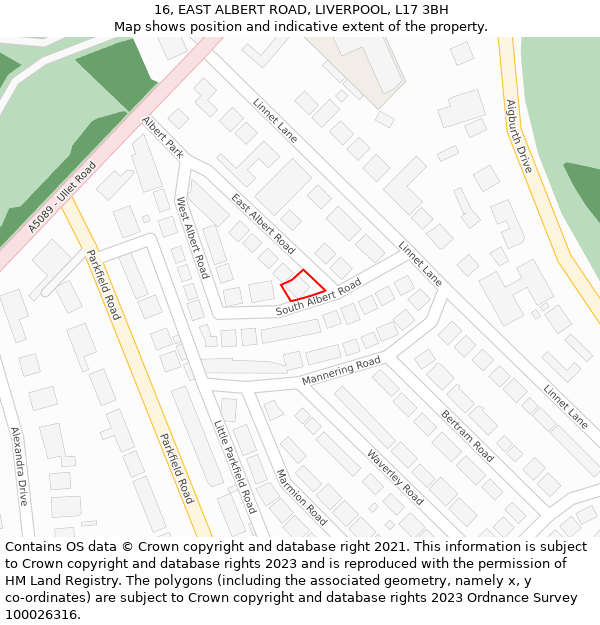 16, EAST ALBERT ROAD, LIVERPOOL, L17 3BH: Location map and indicative extent of plot