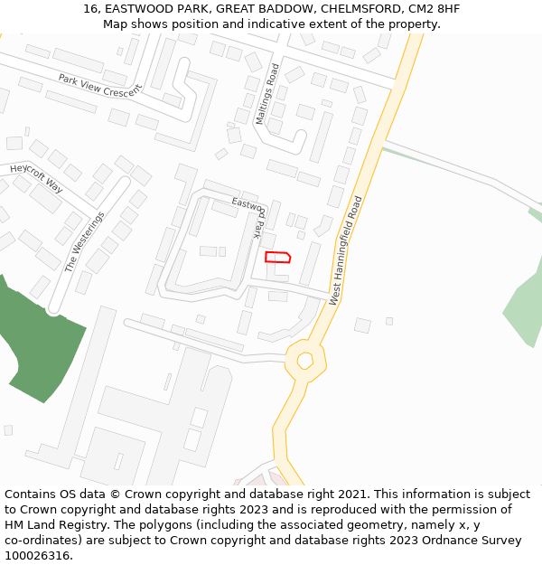 16, EASTWOOD PARK, GREAT BADDOW, CHELMSFORD, CM2 8HF: Location map and indicative extent of plot