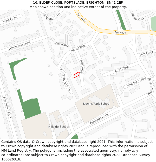 16, ELDER CLOSE, PORTSLADE, BRIGHTON, BN41 2ER: Location map and indicative extent of plot
