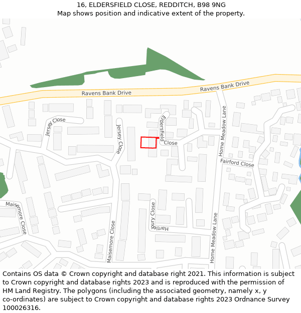 16, ELDERSFIELD CLOSE, REDDITCH, B98 9NG: Location map and indicative extent of plot