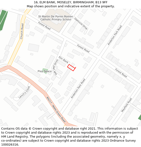 16, ELM BANK, MOSELEY, BIRMINGHAM, B13 9FF: Location map and indicative extent of plot