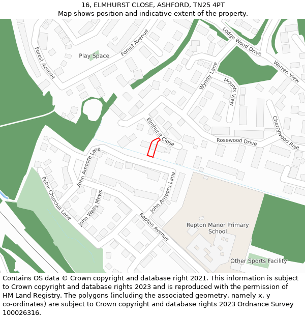 16, ELMHURST CLOSE, ASHFORD, TN25 4PT: Location map and indicative extent of plot