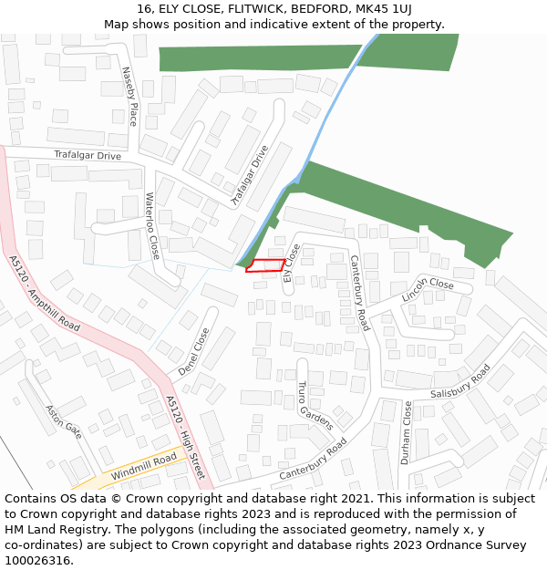 16, ELY CLOSE, FLITWICK, BEDFORD, MK45 1UJ: Location map and indicative extent of plot