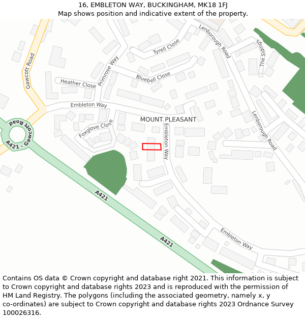 16, EMBLETON WAY, BUCKINGHAM, MK18 1FJ: Location map and indicative extent of plot