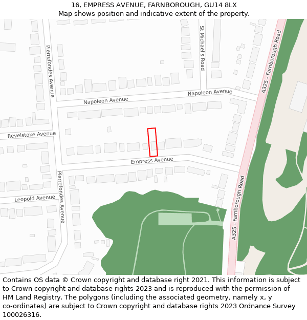 16, EMPRESS AVENUE, FARNBOROUGH, GU14 8LX: Location map and indicative extent of plot