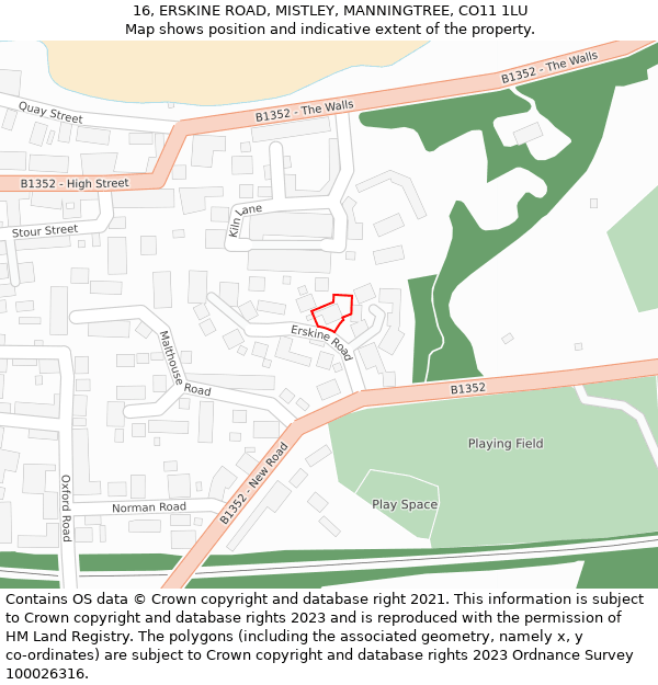 16, ERSKINE ROAD, MISTLEY, MANNINGTREE, CO11 1LU: Location map and indicative extent of plot
