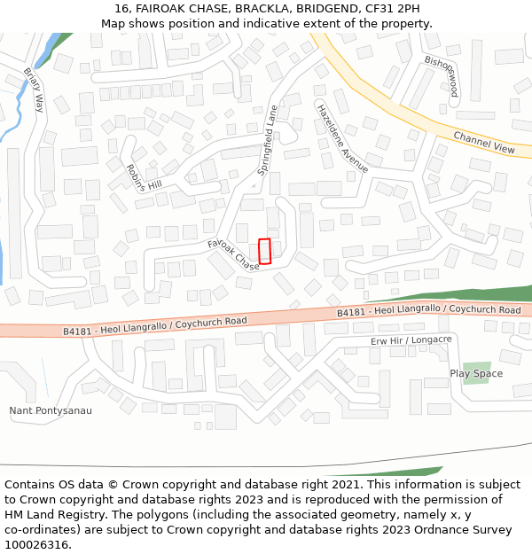 16, FAIROAK CHASE, BRACKLA, BRIDGEND, CF31 2PH: Location map and indicative extent of plot