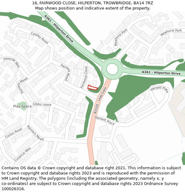 16, FAIRWOOD CLOSE, HILPERTON, TROWBRIDGE, BA14 7RZ: Location map and indicative extent of plot