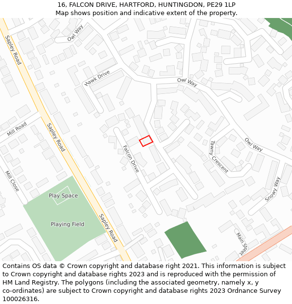 16, FALCON DRIVE, HARTFORD, HUNTINGDON, PE29 1LP: Location map and indicative extent of plot