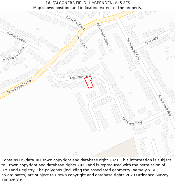 16, FALCONERS FIELD, HARPENDEN, AL5 3ES: Location map and indicative extent of plot