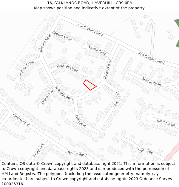 16, FALKLANDS ROAD, HAVERHILL, CB9 0EA: Location map and indicative extent of plot