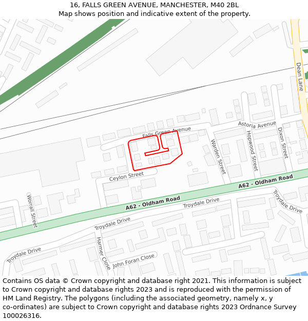 16, FALLS GREEN AVENUE, MANCHESTER, M40 2BL: Location map and indicative extent of plot