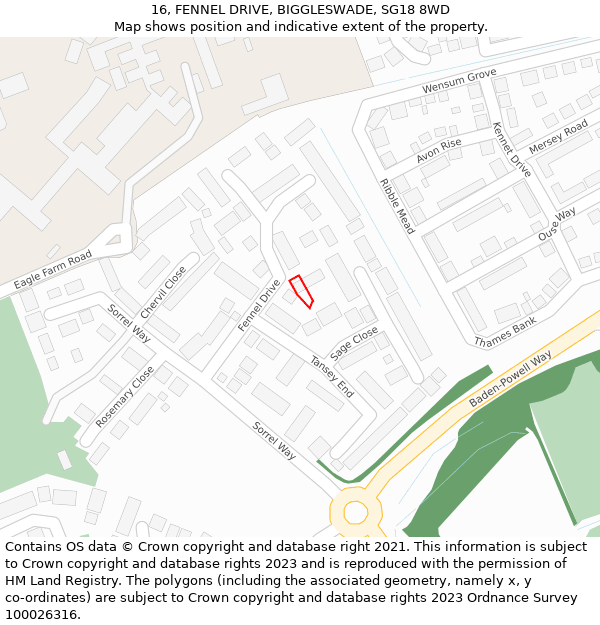 16, FENNEL DRIVE, BIGGLESWADE, SG18 8WD: Location map and indicative extent of plot