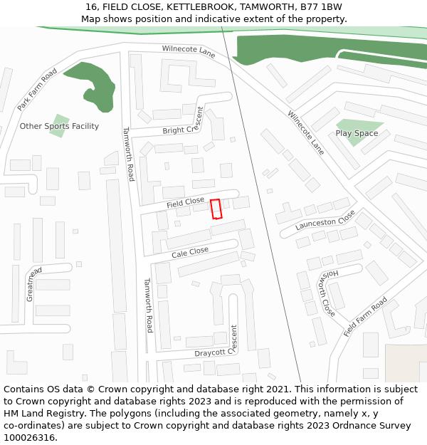 16, FIELD CLOSE, KETTLEBROOK, TAMWORTH, B77 1BW: Location map and indicative extent of plot