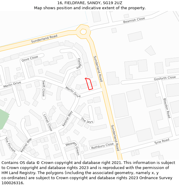 16, FIELDFARE, SANDY, SG19 2UZ: Location map and indicative extent of plot