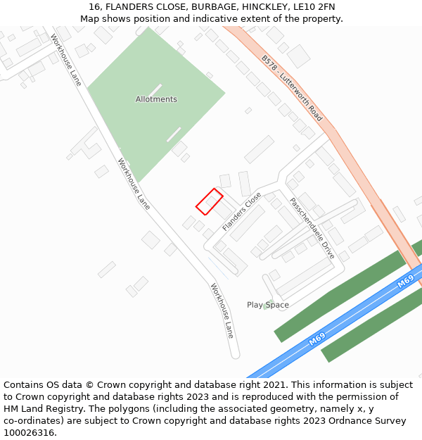 16, FLANDERS CLOSE, BURBAGE, HINCKLEY, LE10 2FN: Location map and indicative extent of plot