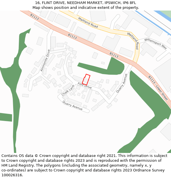 16, FLINT DRIVE, NEEDHAM MARKET, IPSWICH, IP6 8FL: Location map and indicative extent of plot