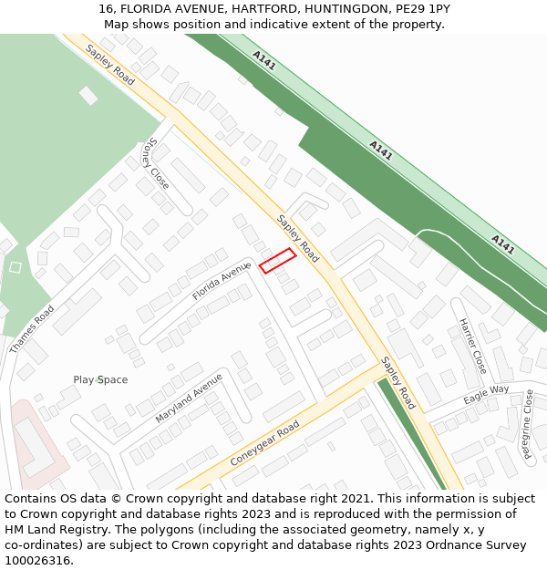 16, FLORIDA AVENUE, HARTFORD, HUNTINGDON, PE29 1PY: Location map and indicative extent of plot