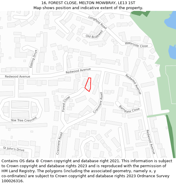 16, FOREST CLOSE, MELTON MOWBRAY, LE13 1ST: Location map and indicative extent of plot