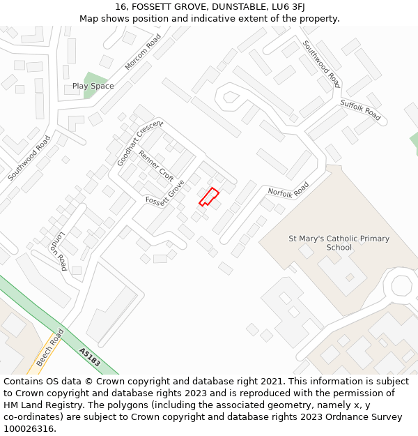 16, FOSSETT GROVE, DUNSTABLE, LU6 3FJ: Location map and indicative extent of plot