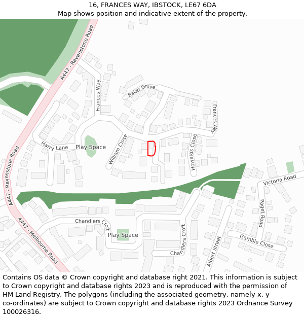 16, FRANCES WAY, IBSTOCK, LE67 6DA: Location map and indicative extent of plot