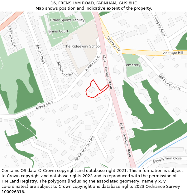 16, FRENSHAM ROAD, FARNHAM, GU9 8HE: Location map and indicative extent of plot