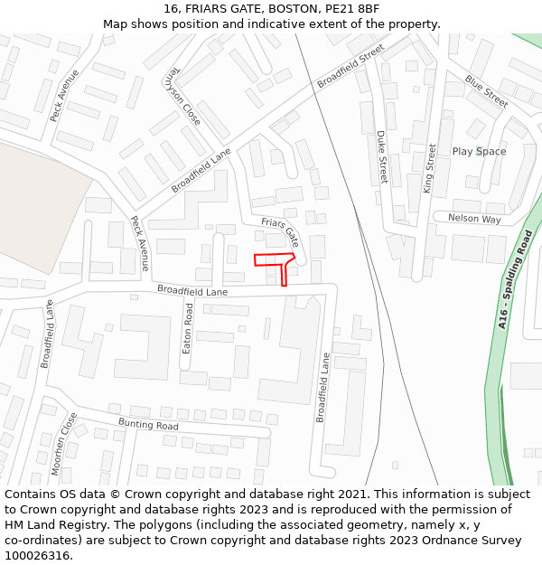 16, FRIARS GATE, BOSTON, PE21 8BF: Location map and indicative extent of plot