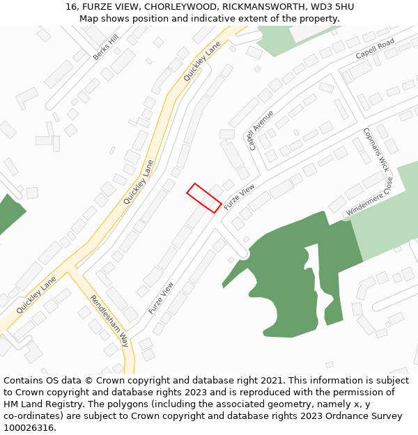 16, FURZE VIEW, CHORLEYWOOD, RICKMANSWORTH, WD3 5HU: Location map and indicative extent of plot