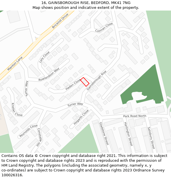 16, GAINSBOROUGH RISE, BEDFORD, MK41 7NG: Location map and indicative extent of plot