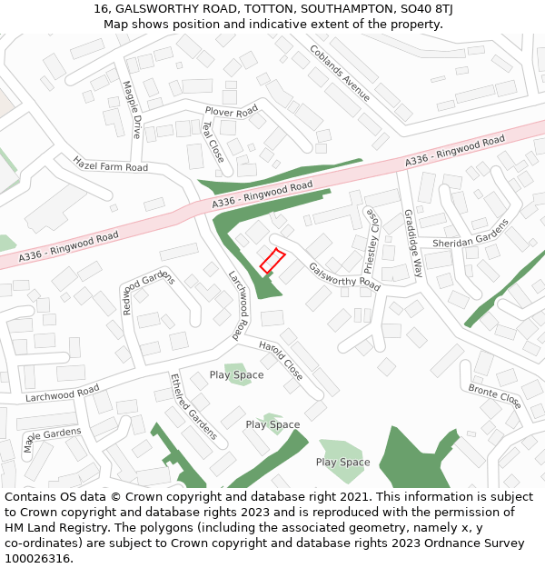 16, GALSWORTHY ROAD, TOTTON, SOUTHAMPTON, SO40 8TJ: Location map and indicative extent of plot