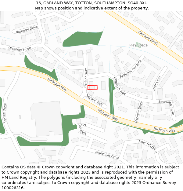 16, GARLAND WAY, TOTTON, SOUTHAMPTON, SO40 8XU: Location map and indicative extent of plot