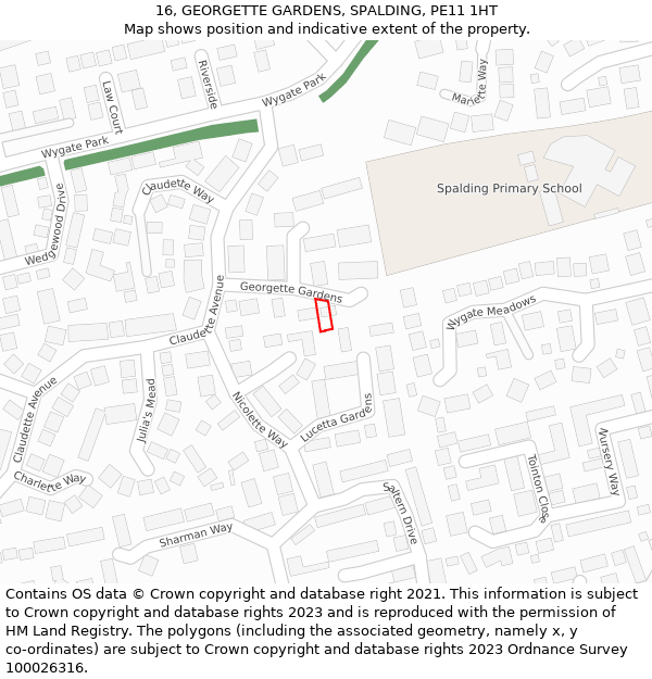 16, GEORGETTE GARDENS, SPALDING, PE11 1HT: Location map and indicative extent of plot